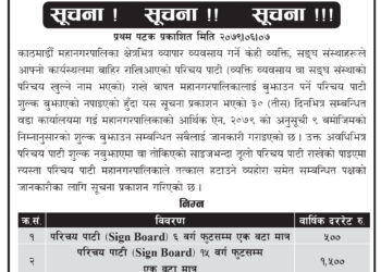 परिचय पाटी राखेबापतको शुल्क ३० दिनभित्र बुझाउन काठमाडौं महानगरको अल्टिमेटम